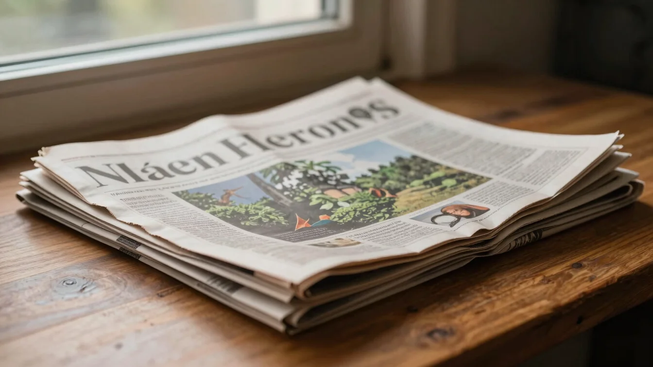 Neatly folded international broadsheets resting on a wooden study desk, lit by soft morning daylight through window glas