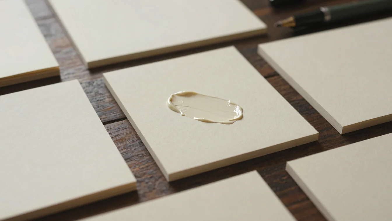 Precise overhead flat-lay of fountain-pen-friendly stationery spreads with heavy cream texture and subtle foil-stamped d