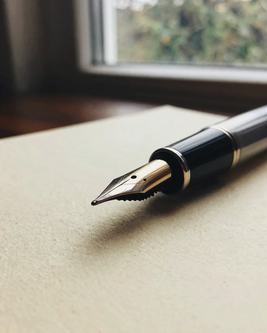 Macro shot of a fountain pen nib resting on cream textured paper, soft morning window light, 35mm film