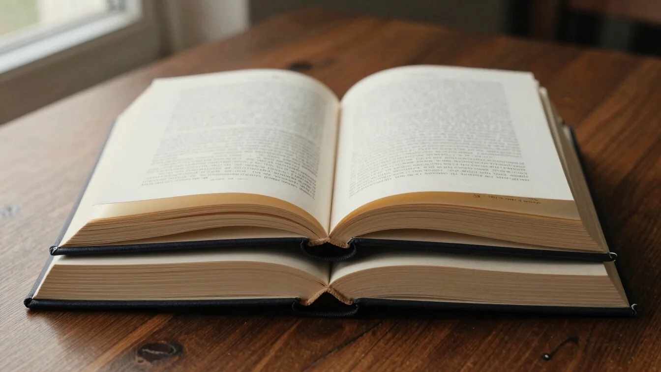 Overhead flat-lay of open hardcover book bindings with rich cream pages and dark cloth spines on a dark oak wooden table